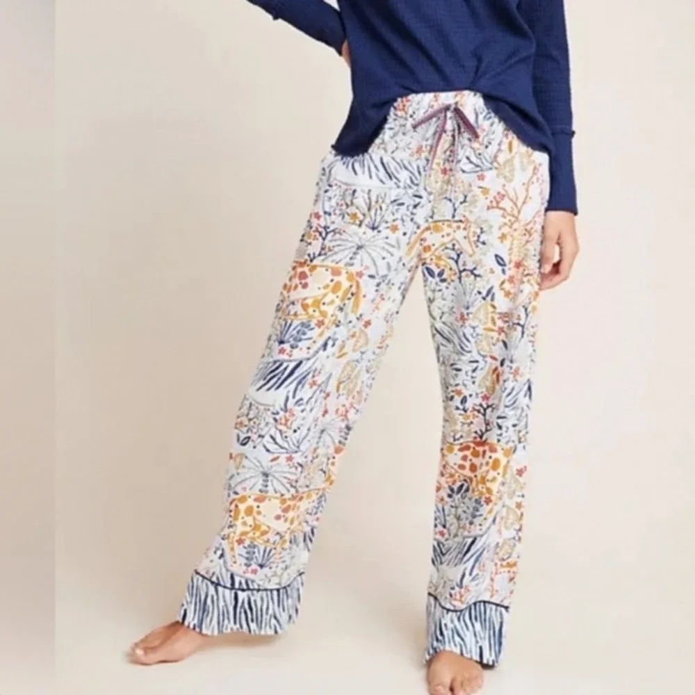 Vikki Chu for Anthropologie Animal Print Pajama Pants Small Safari‎ Ruffle Hem